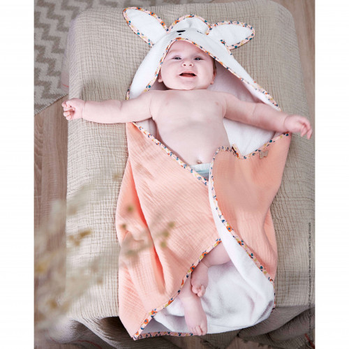 Ma cape de bain lapin Coquelicot - Cape de bain bébé, linge bébé, blanc et rose, KALOO