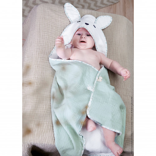 Ma cape de bain lapin Colombe - Cape de bain bébé, linge bébé, blanc et bleu, KALOO