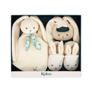 Mon premier coffret naissance Lapinoo - Crème. Contient 1 doudou lapin, 1 anneau dentition silicone, 1 paire de chaussons bébé