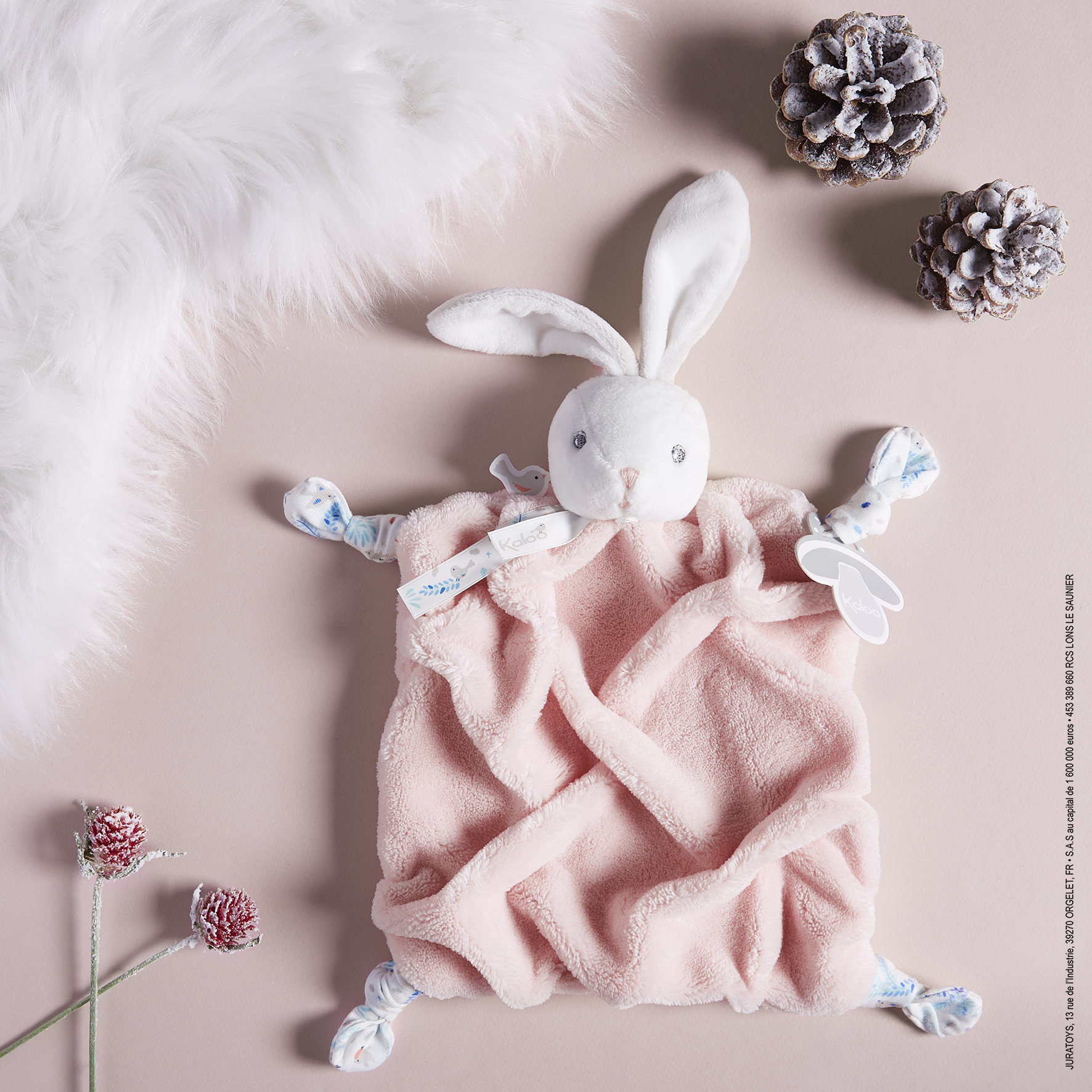 Doudou plat Lapin KALOO collection Lilirose fleur rose 4 noeuds